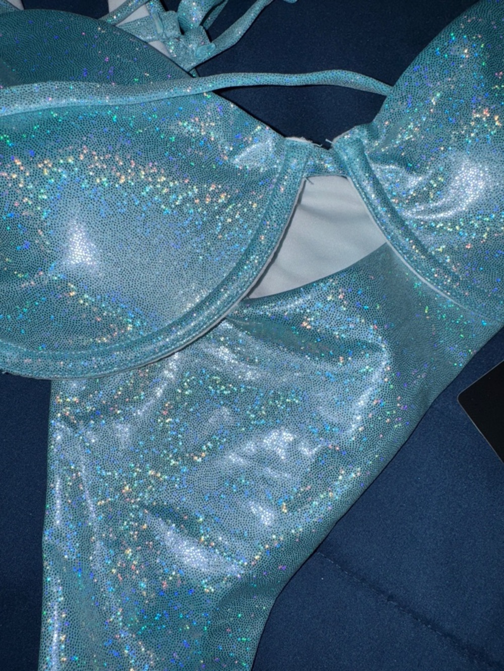 NWT Fashion Nova Holographic Light Blue Push-Up Bikini Thong Set - Picture 2 of 5